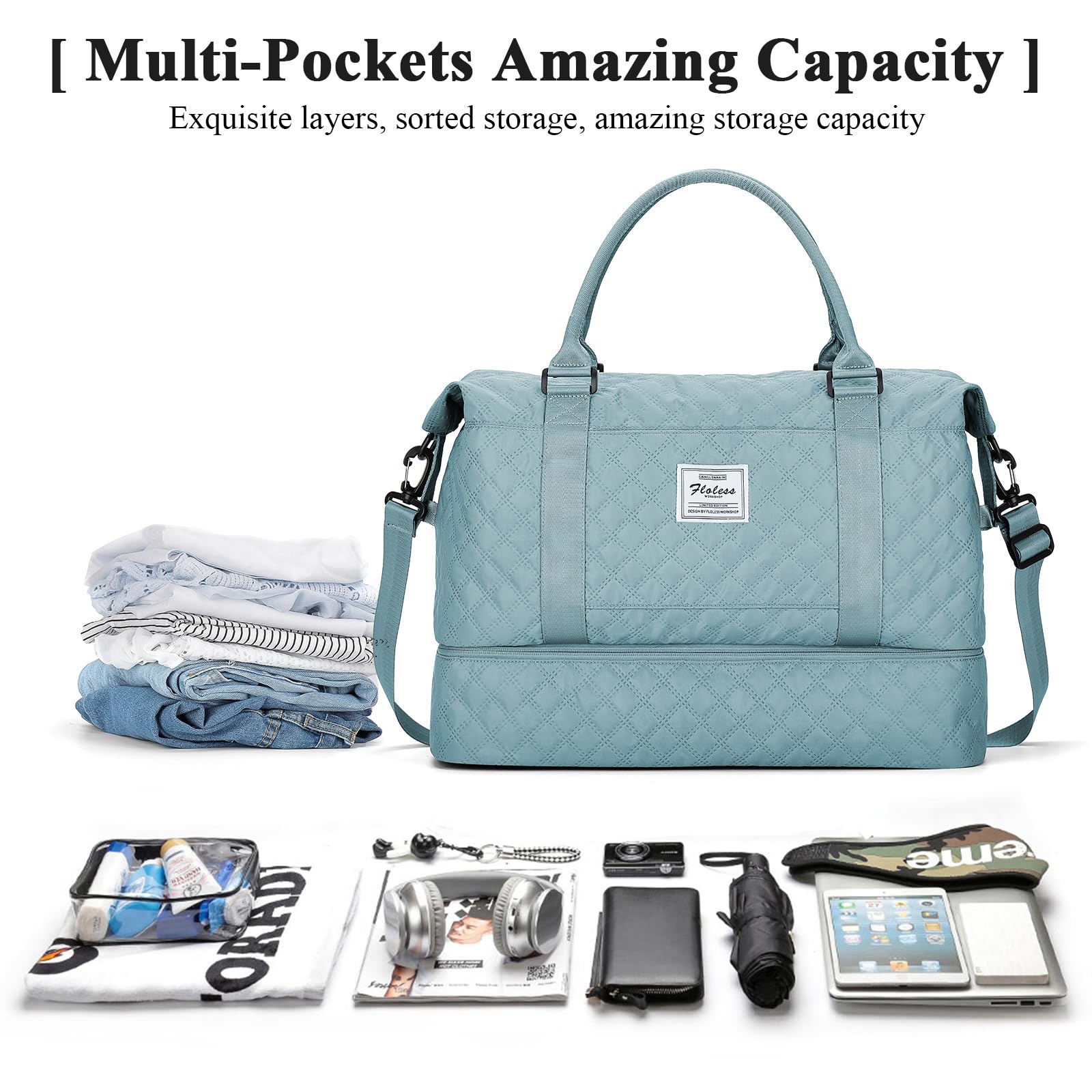 Borsone da Viaggio Donna, Bagaglio a Mano Borsa da Viaggio con Scomparto per le Scarpe, Borsa Sportiva Borsone da Palestra Grande, Borsa da Weekend, Borsa per Ospedale,H2-Blu chiaro