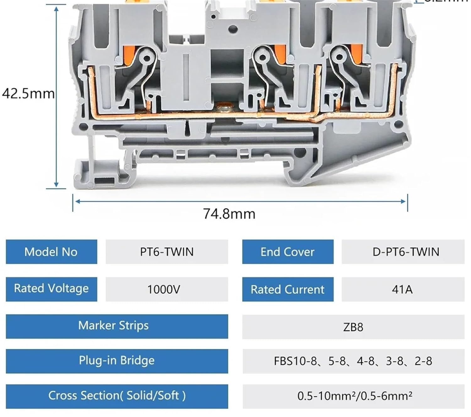 10Pcs PT 6-Twin Terminal Block Din Rail Mount 3 Conductors Push in Spring Screwless Connection Feed Through Wire Conductor