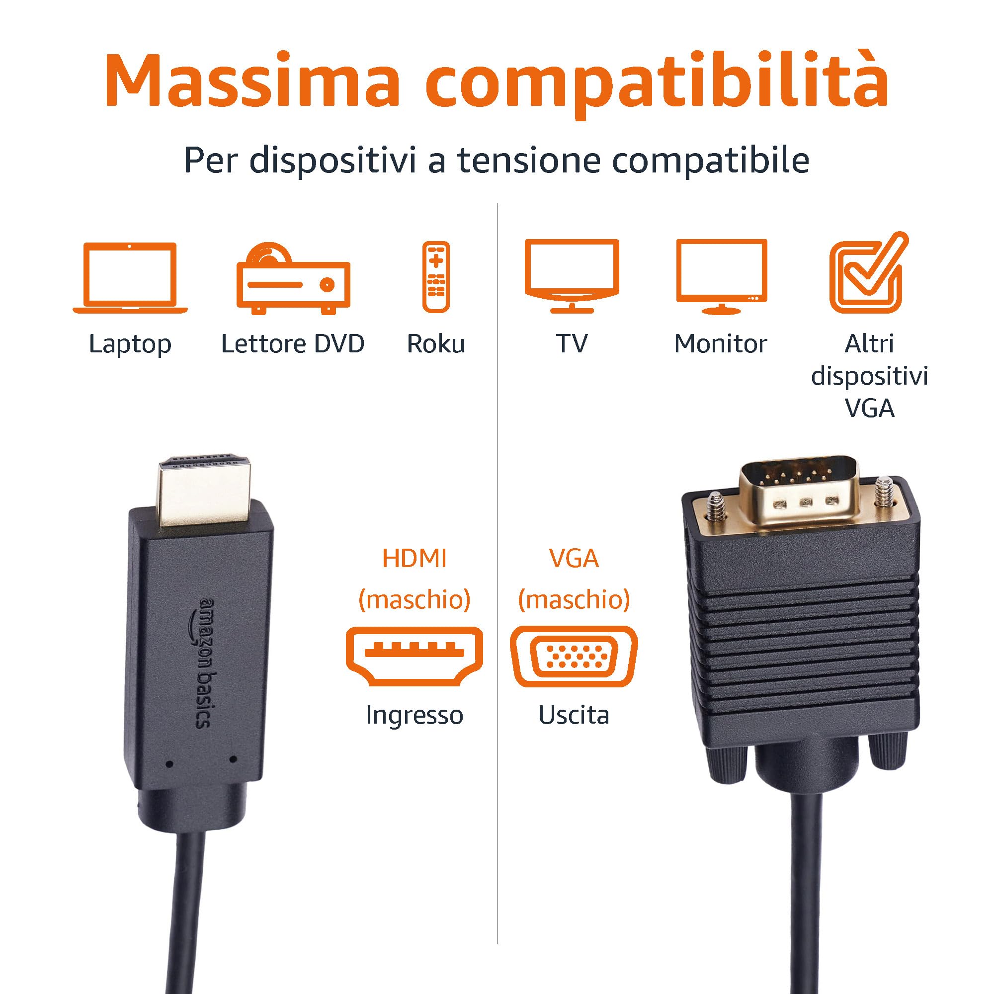 Amazon Basics Cavo HDMI a VGA non bidirezionale placcato in oro 6 feet nero