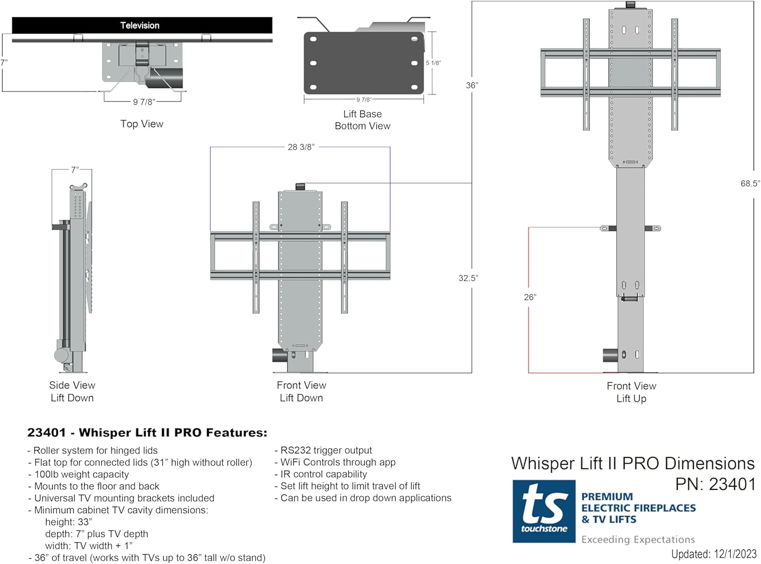 Touchstone Whisper Lift II Pro Smart Motorized TV Lift Mechanism - 36" Travel-Popup & Drop Down-5yr Warranty-Height Memory Feature, IR/RF, RS-232 Compatible-WiFi Connectivity-TVs Up to 65"/100 Lbs