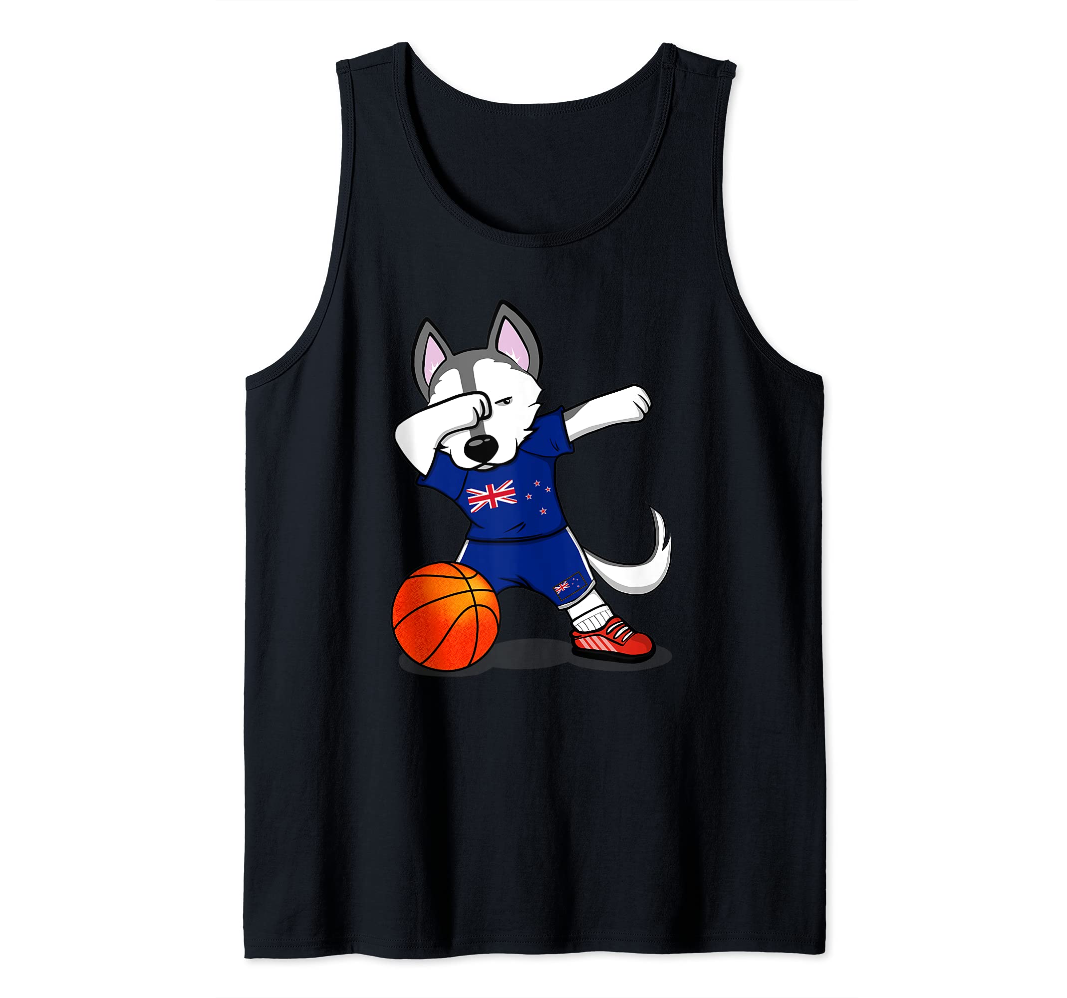 Dabbing Husky Dog New Zealand Basketball Fans Jersey Flag Tank Top, Black