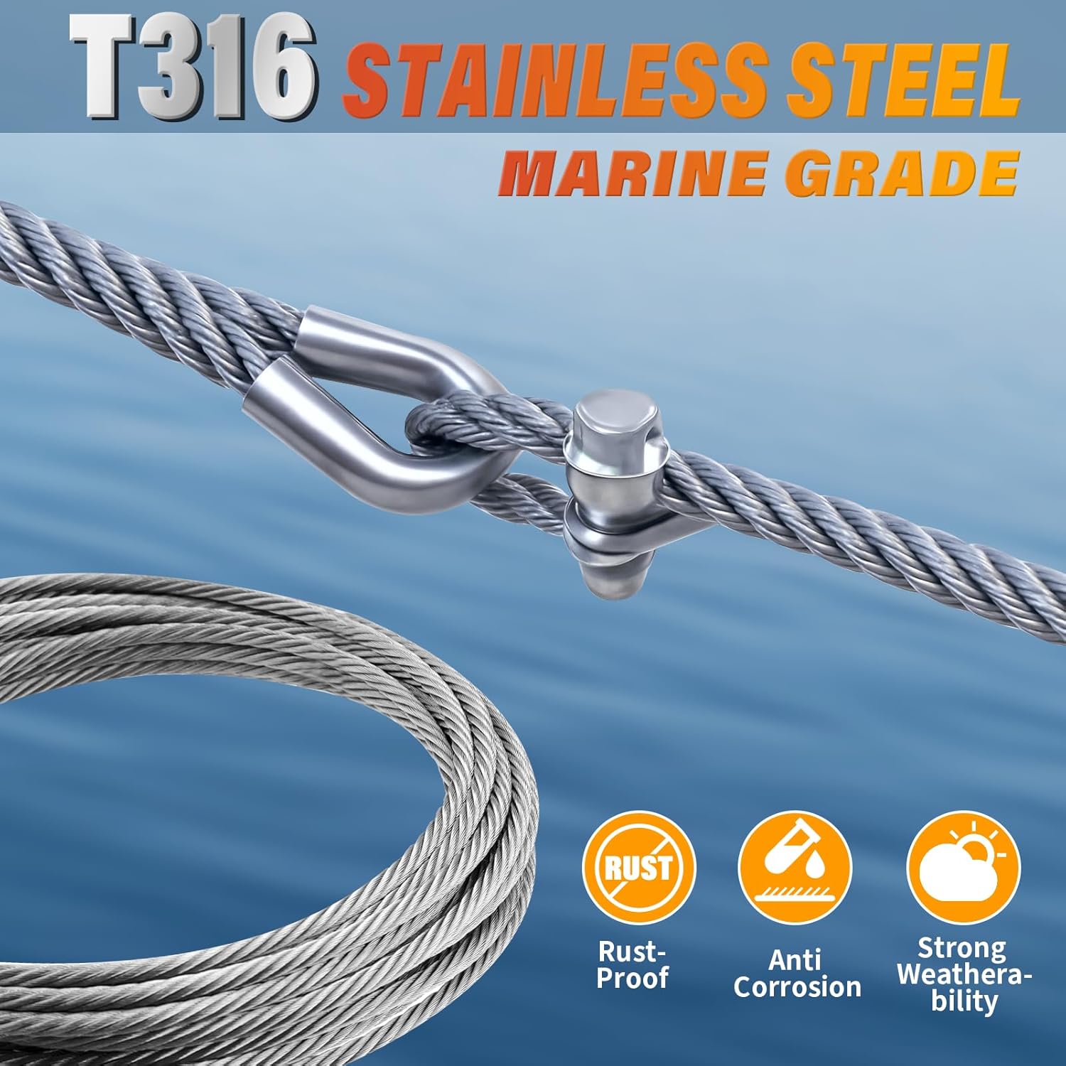 Stainless Steel Cable for Railing - 25FT 1/4" T316 Wire Rope with Clamps and Thimbles - 7 x 19 Strands 6700 LBS Breaking Strength for Outdoor Deck Railing Zipline - Image 3