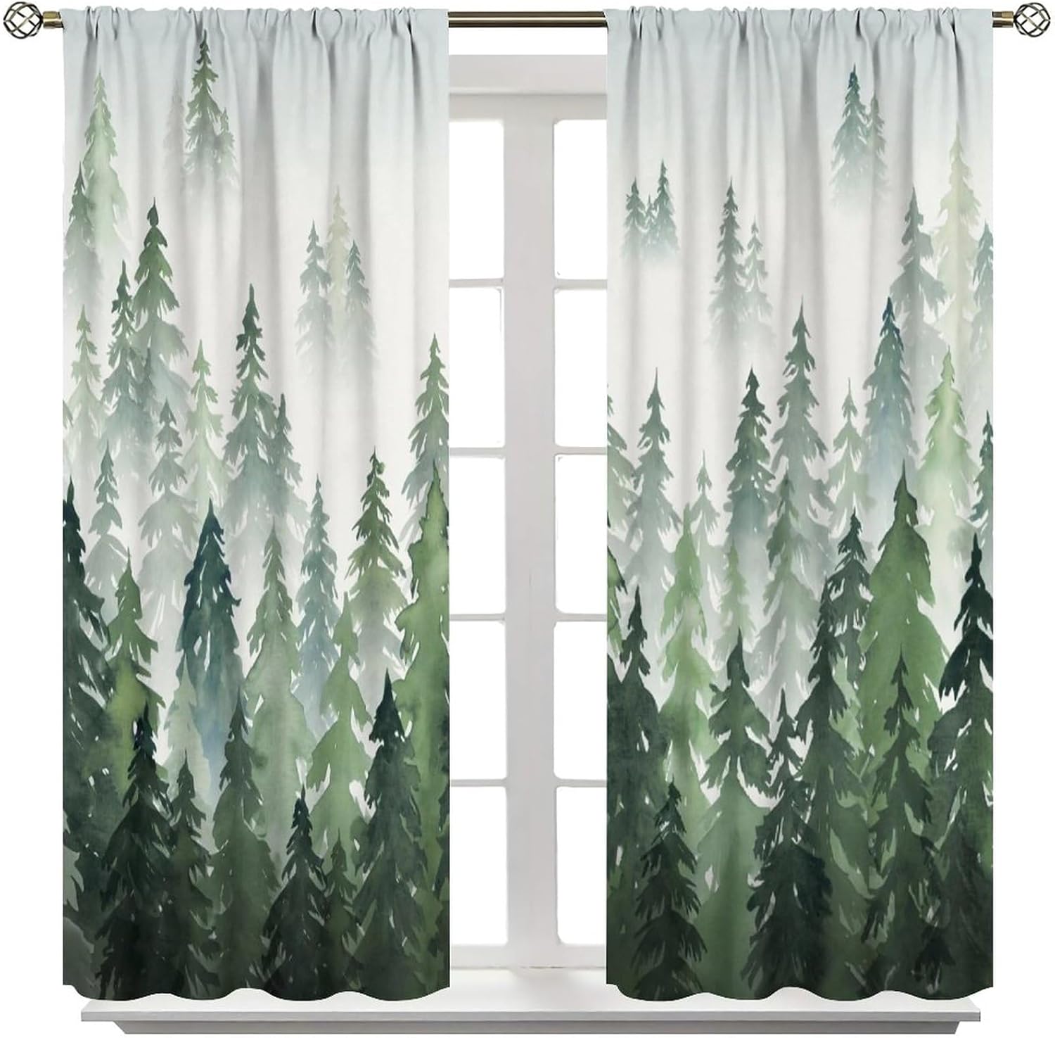 Green Forest Tree Curtain, Pine Coniferou Trees Forest Watercolor Design Room Darkening Door Window Rod Pocket Curtain for Bedroom Living Room 42x45in