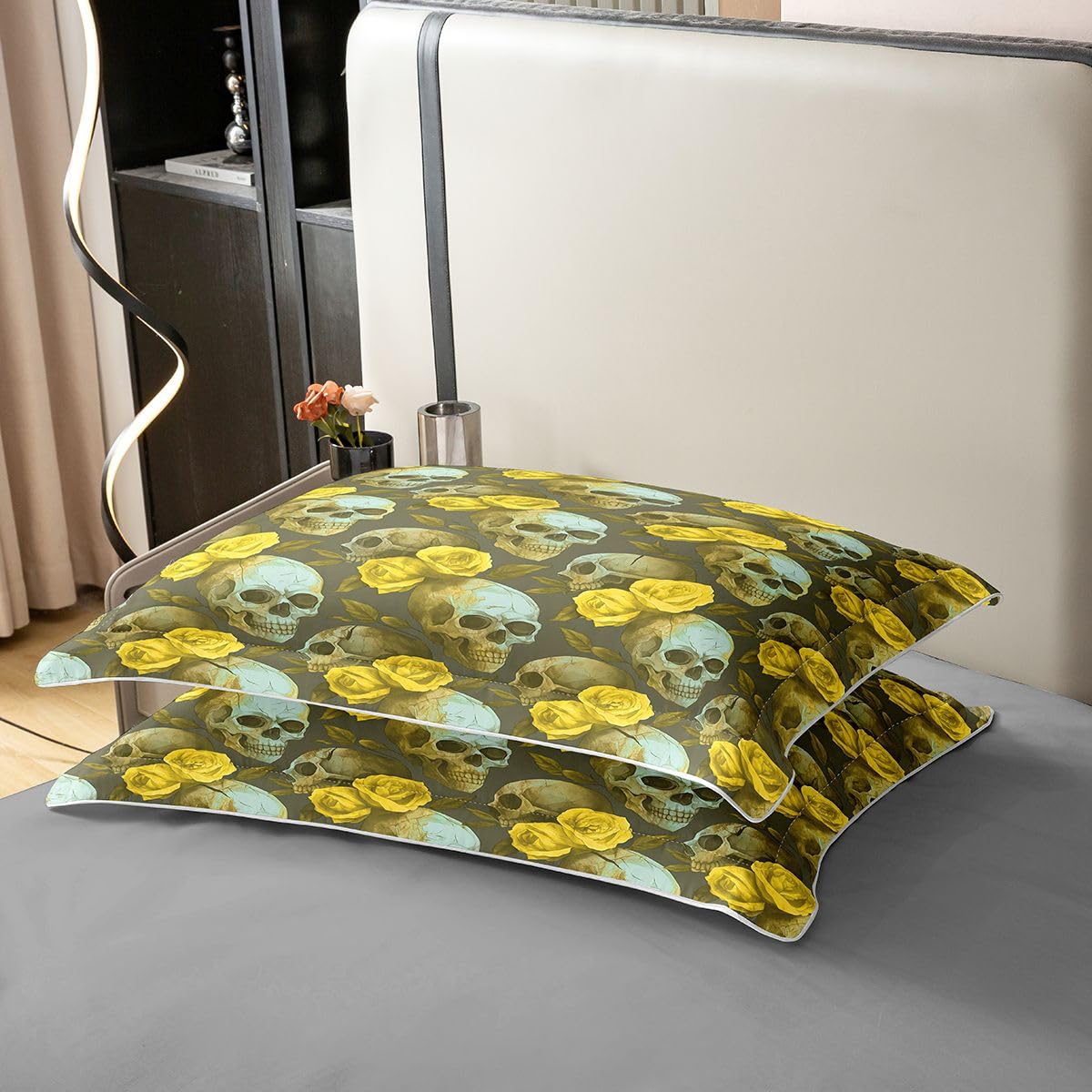 Homewish Halloween Schädel Baumwoll Bettwäsche 155x220 | Gelbe Rosenblume Deckenbezug für Teenies Erwachsene Gotisches Skelett Bettbezug Zucker Schädel Bettset 2 Teilig