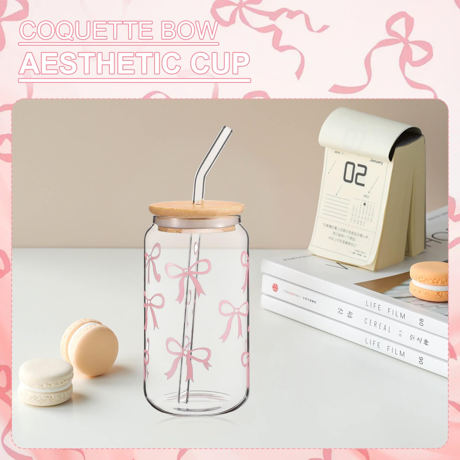 Verre Coquette 470 Ml Avec Nœud Noir – Tumbler Avec Paille & Couvercle Bambou – Idéal Cadeau Fille