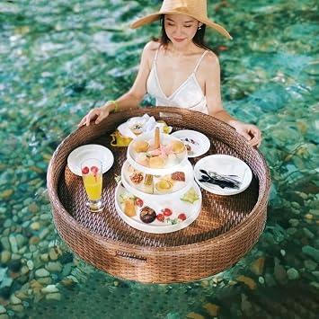 Swimming Pool Floating Tray Round Floating Serving Trays Table Bar Rattan Floating Breakfast Tray with Handles, Swimming Pool Floats for Adults for Pool Or Beach Party Float Lounge