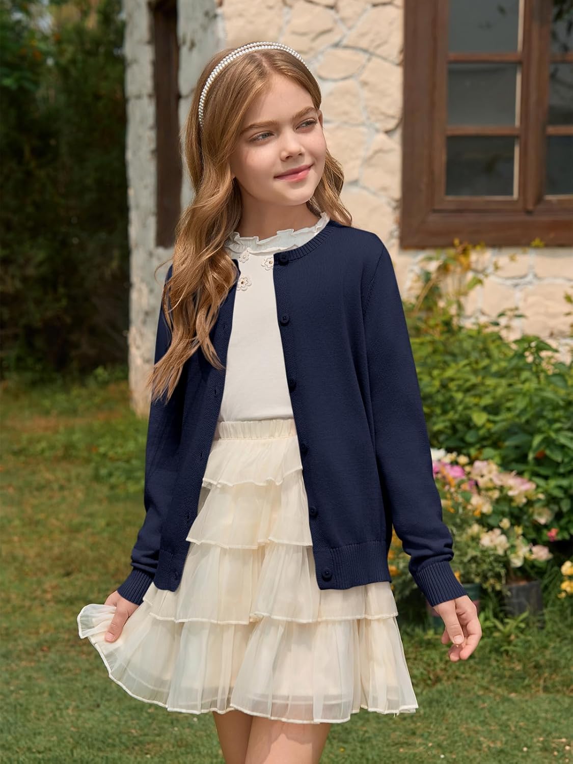 Haloumoning Girls Button Down Cardigan Kids Long Sleeve Crewneck Uniform Knit Sweater 5-14 Years - Image 3