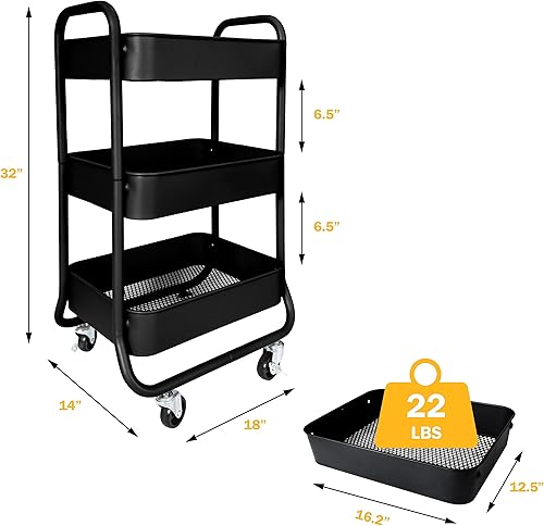 Miniatura 2 de HOMESTEAD Carrito rodante de 3 niveles  Carrito de metal resistente, ruedas con bloqueo, estantes de almacenamiento multifuncionales  Ideal para