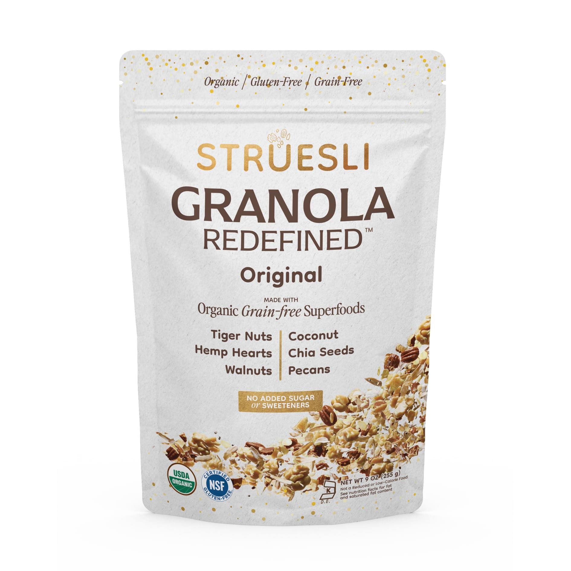 Struesli Original Organic Granola, Grain & Gluten Free, Healthy Snacks with Chia Seeds, Nuts and Sea Salt, Prebiotic High Fiber Food for Yogurt, Cereal & More, Plant Based, Keto & Paleo Friendly, 9 Oz
