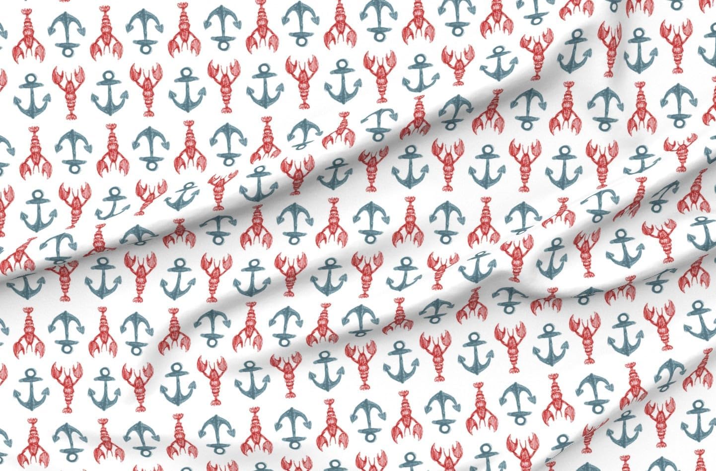 Spoonflower Fabric - Nautical Lobster Anchor Coastal Blue Red Hand Drawn Sketch New England Printed on Petal Cotton Fabric Fat Quarter - Sewing Quilting Apparel Crafts Decor