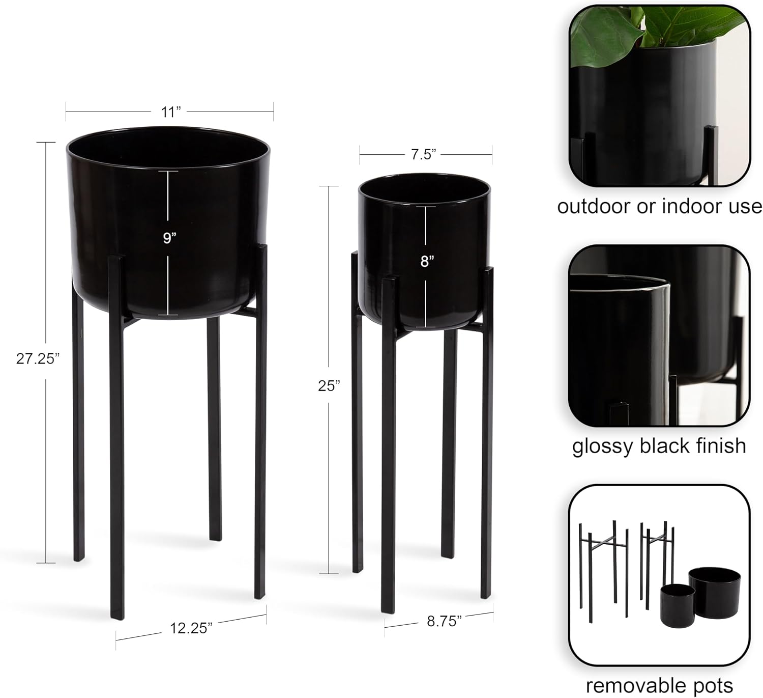 Kate and Laurel Gabi Decorative Two-Piece Metal Planters; Set of 2; Black; Modern Metal Outdoor or Indoor Plant Stands for Use as Living Room Planters or Porch Plant Stands