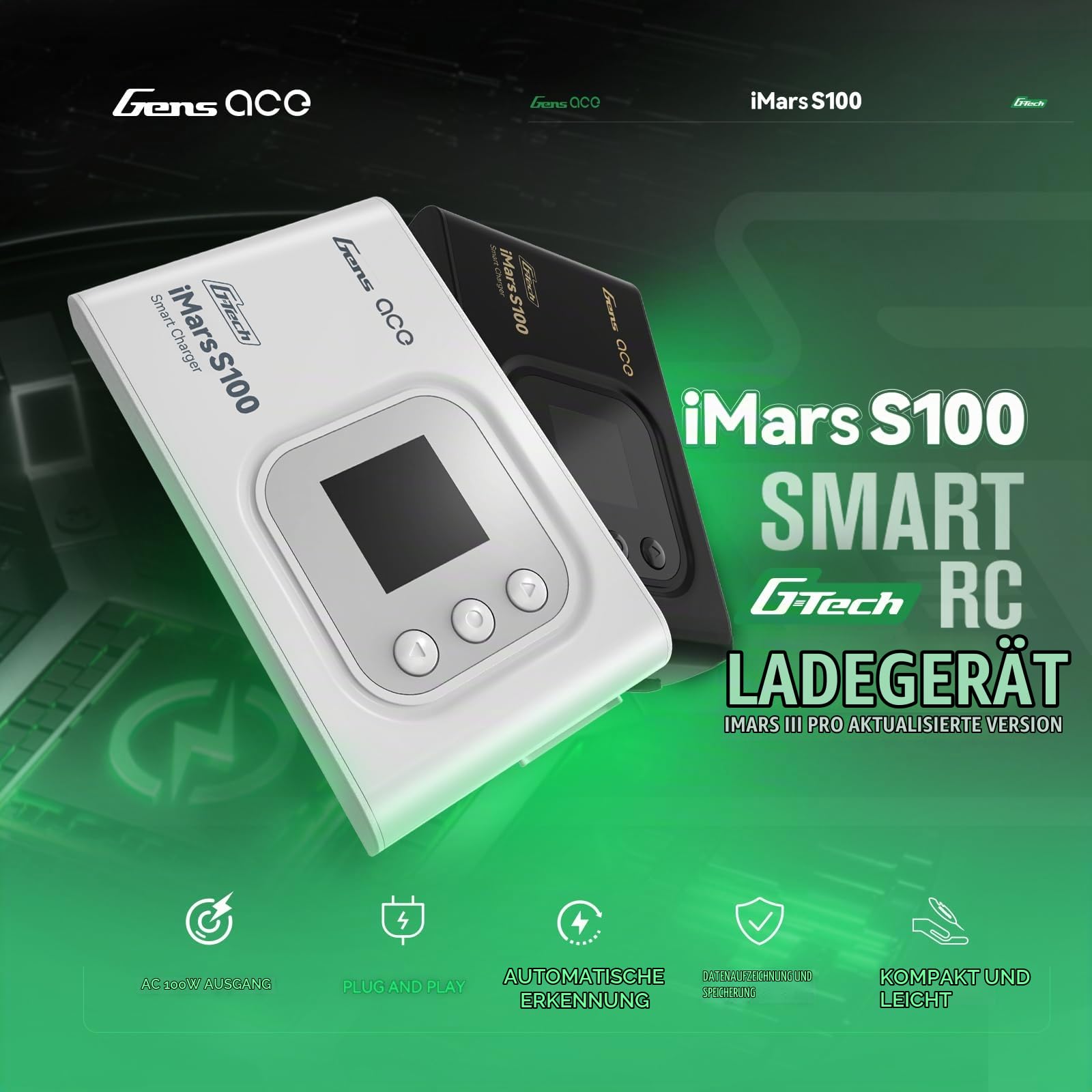 Gens Ace iMars S100 AC Lipo Ladegerät 100W – 10A Schnellladegerät für LiPo/Li-ion/Life/NiMH Akkus (2S-6S), inkl. XT60/T-Plug/EC3/EC5 Adaptern – Kompaktes Balancer-Ladegerät für RC Modellbau, Schwarz