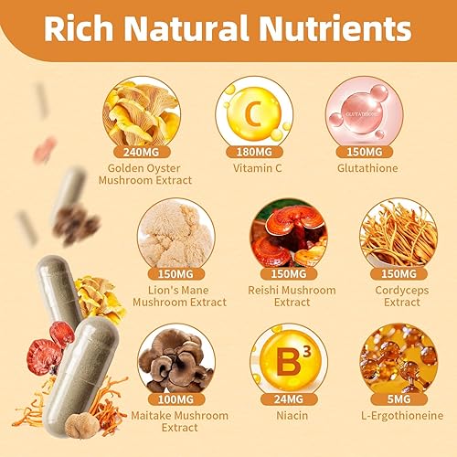 Miniatura 3 de Suplementos de cápsulas de complejo de hongos, 9 en 1 con L-ergotioneína, glutatión, melena de león, reishi, cordyceps, extractos de hongos