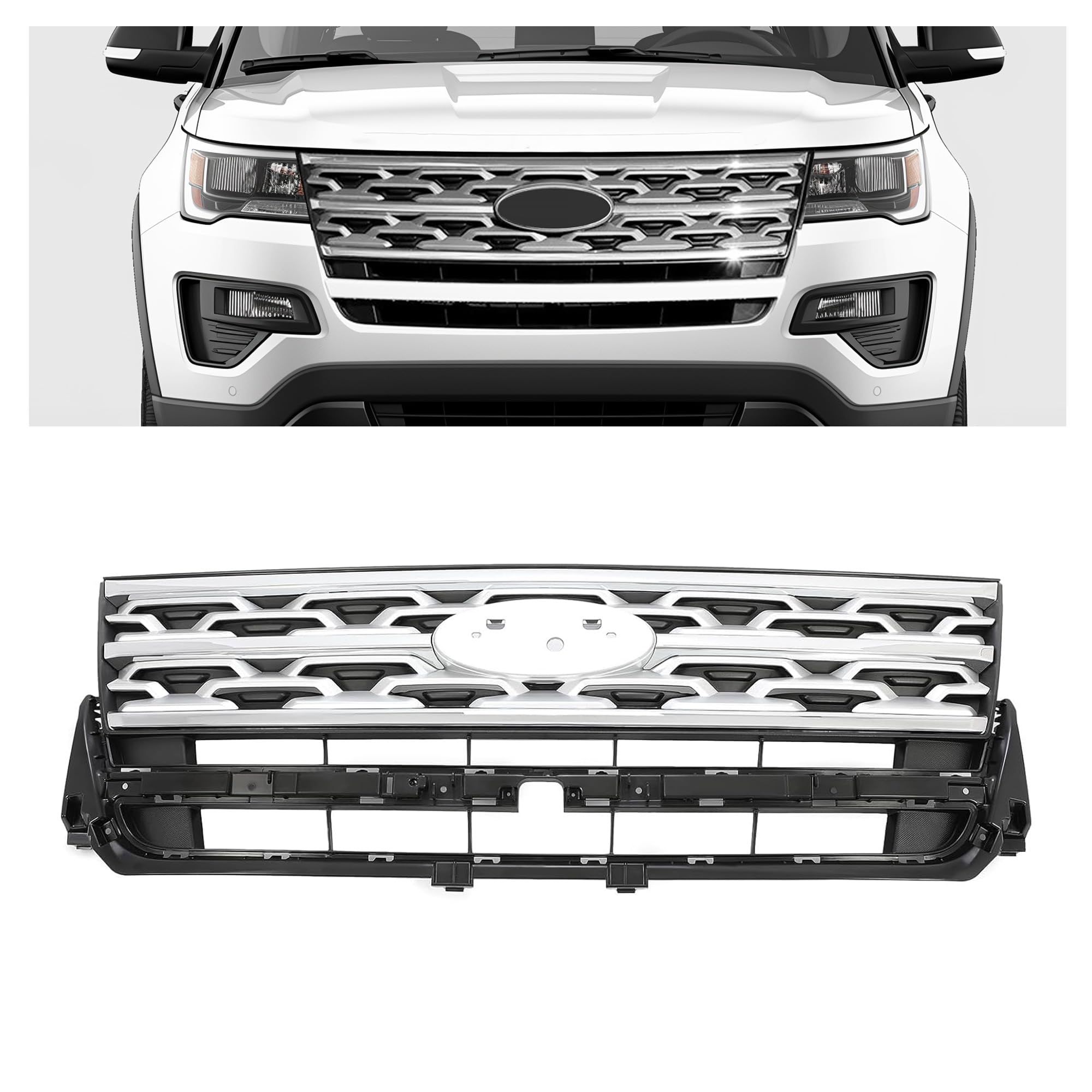 HECASA Front Grille Grill Compatible with 2018-2019 Ford Explorer Front Bumper Upper Hood Grill Chrome