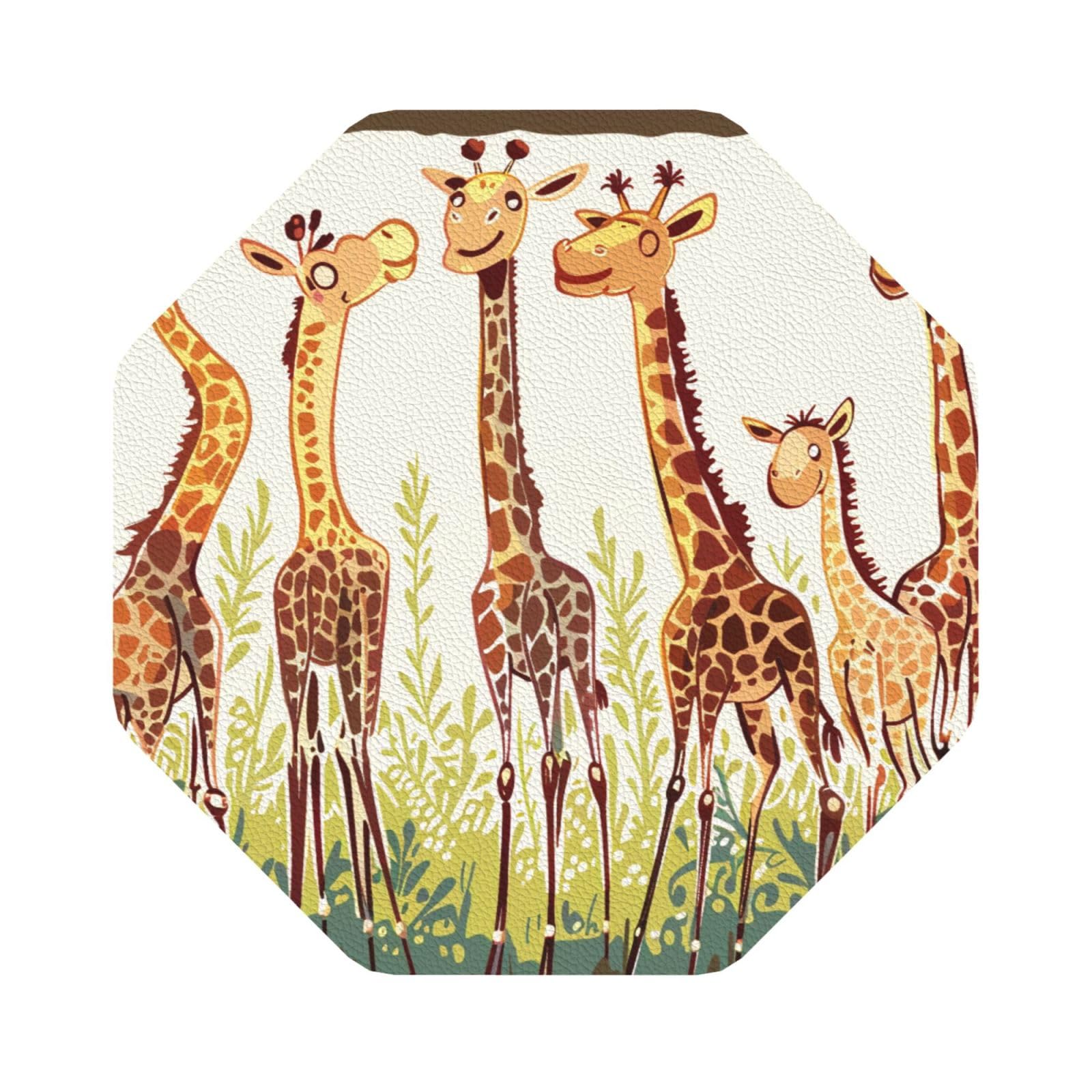 Cute Wild Cartoon Giraffes Print Leather Coaster Set of 6, Octagon Coasters Table Decorative Coffee Cup Beverage Coasters Wine Beer Bar Coasters for Hot Drinks Table Protection