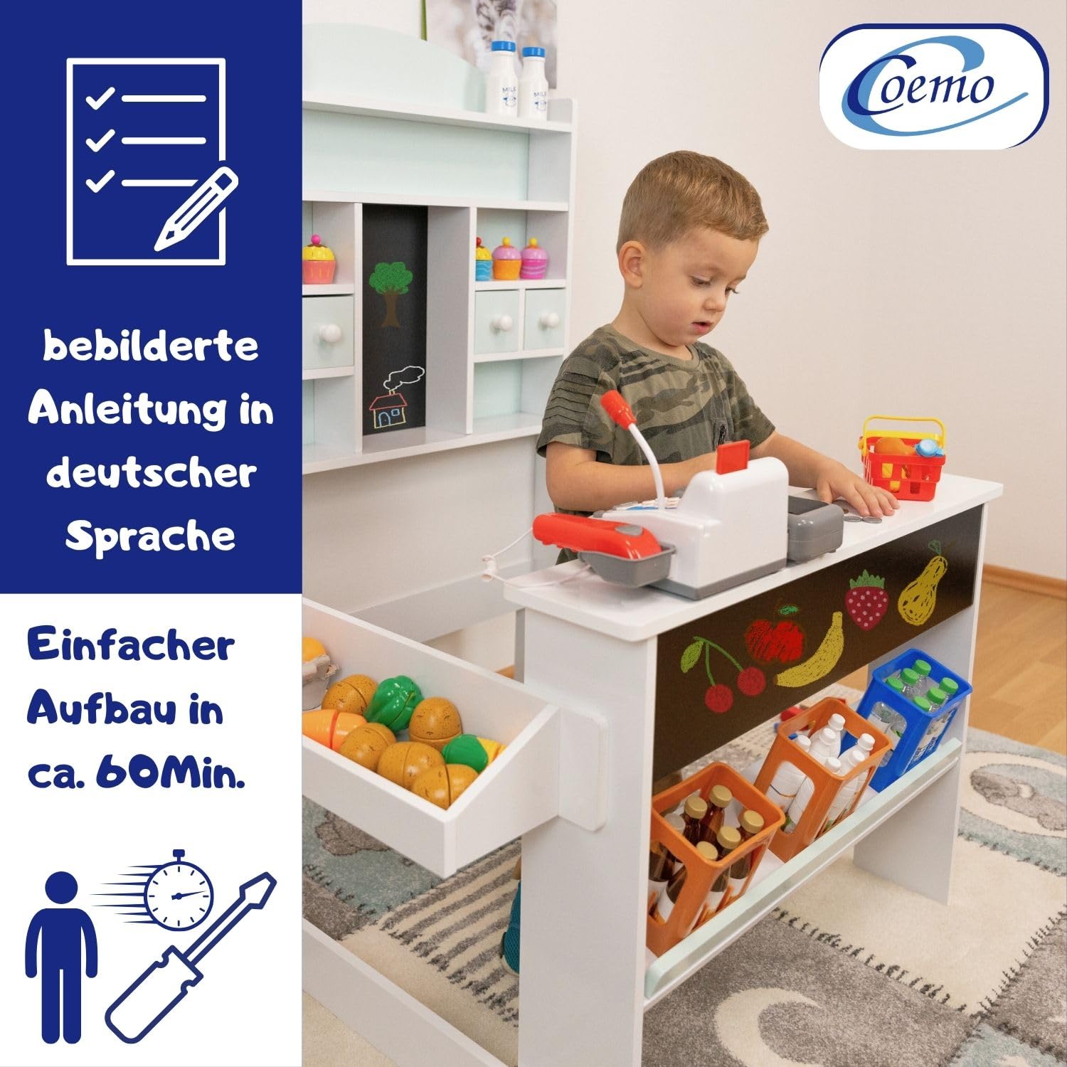 Nicola Magasin de Marchand en Bois pour Enfants - Comptoir de Vente, Tableau, comptoir latéral et tiroir - Vert
