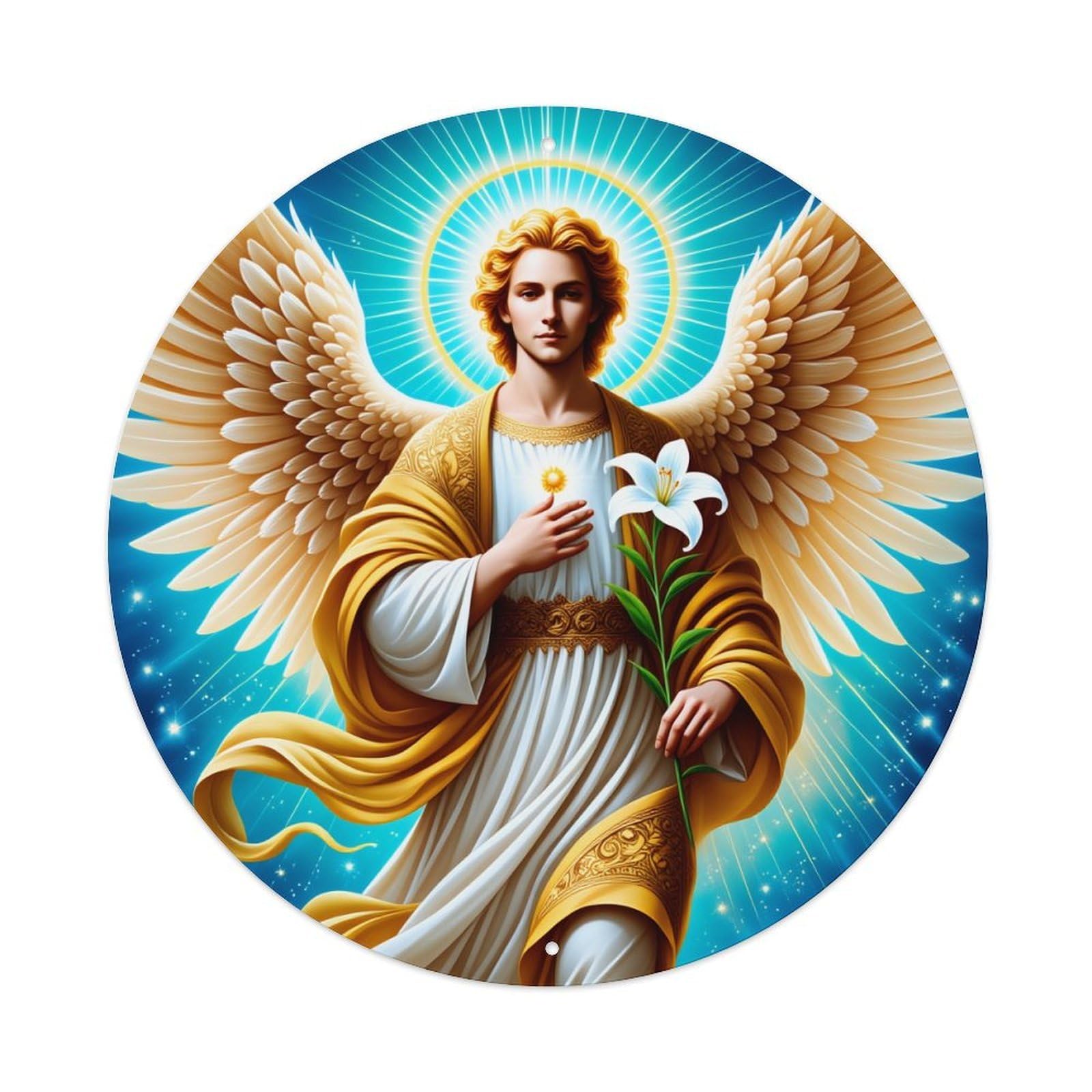 Angel With Wings Holding Lily And Light Halo Metal Tin Sign Plaque