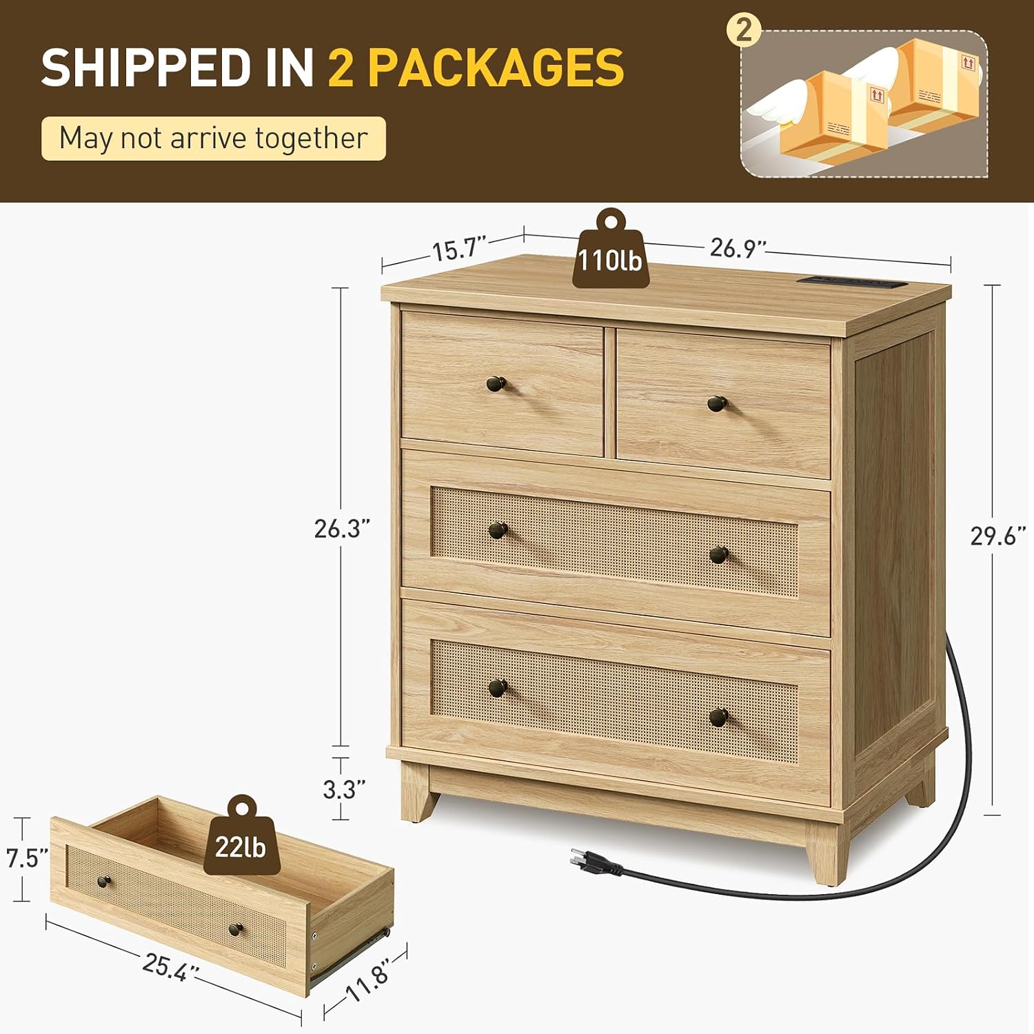 RALGEND Night Stand with Drawers Set of 2, Rattan Nightstand with Charging Station, 27.6" W x 29.6" H, Boho End Tables Living Room, Tall Nightstands with 4 Drawers, Living Room, Bedroom, Natural