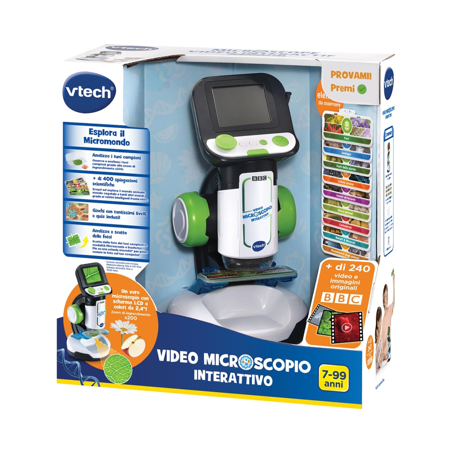 VTech Microscopio Interactivo, microscopio Infantil Digital con vídeo Original BBC, Pantalla de 2,4", Zoom 200x, 9 Diapositivas ilustradas, Ranura MicroSD, Idioma Italiano, Pilas Incluidas, 7-99 años