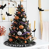 Vista 8 de Falda de árbol de Navidad de telaraña de Halloween, 36 pulgadas, con cordones, para truco o trato, falda de árbol negro, divertida fiesta
