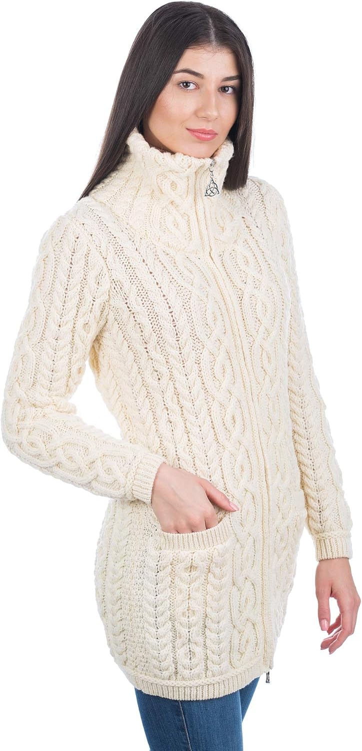 SAOL Ladies Irish Aran Zip Cardigan - 100% Merino Wool Ireland Coat with Pockets and Raised Collar - Image 4