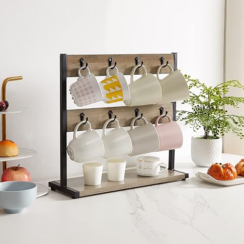 Miniatura 8 de IBUYKE Soporte de Madera para Tazas de Café para Encimera, Soporte para Árbol de Tazas de 16 Ganchos con Base de Almacenamiento, Organizador de