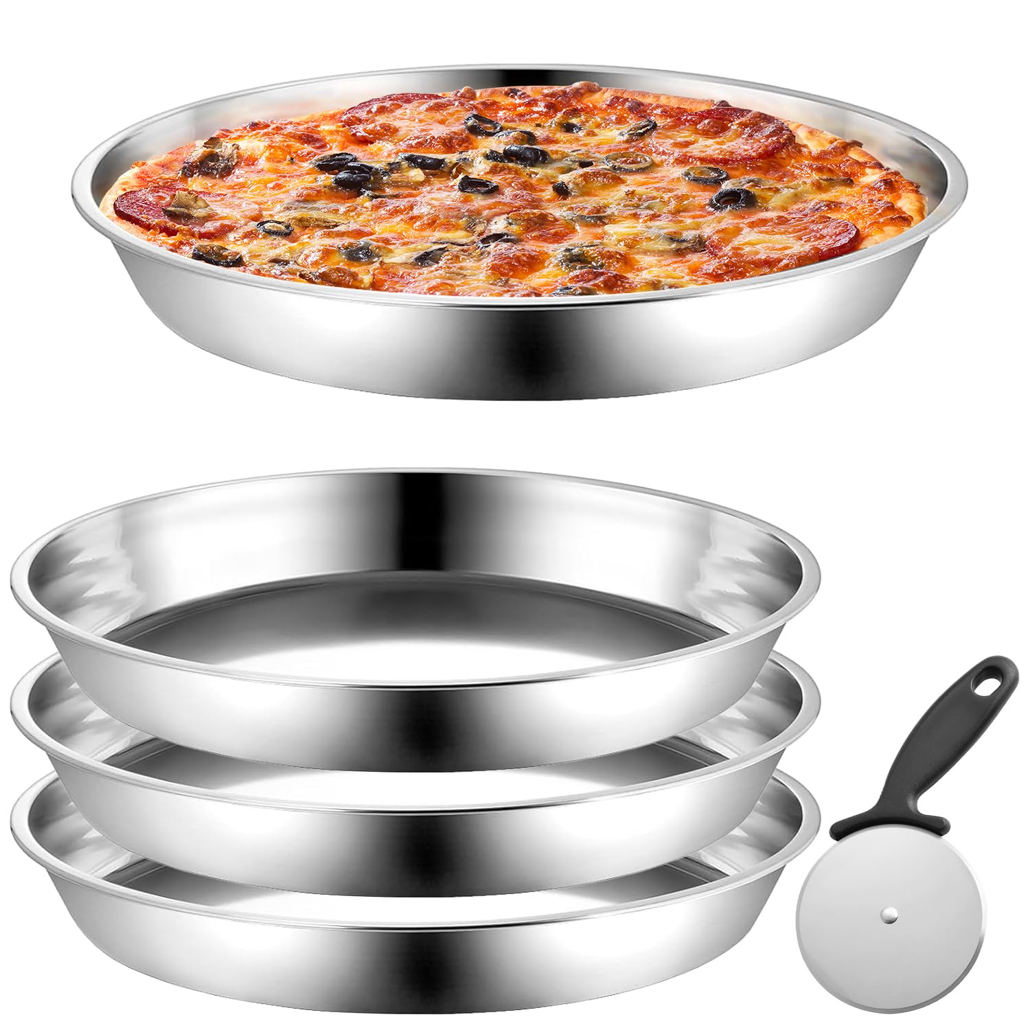 LOSYHU 4 Pcs 32CM Stainless Steel Pizza Pans with Pizza Cutter
