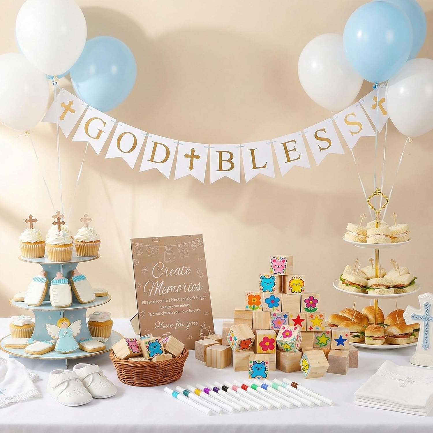 97 Pcs Wooden Baby Blocks for Baby Shower Games, Including Decorate A Block Game Sign, 72 Diy Blank Wooden Blocks To Decorate, 24 Pens for Baby Shower Activities Gender Reveal Decorations Games