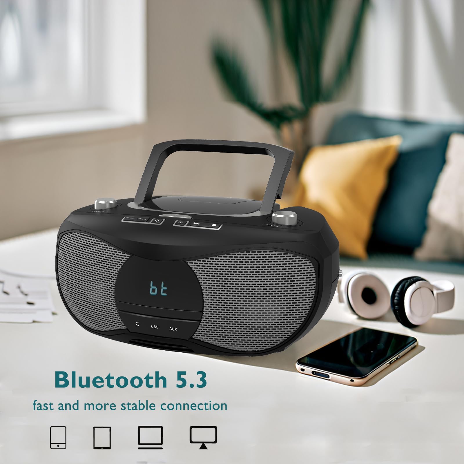 LONPOO Stereo Lettore CD portatile Bluetooth Boombox Connettività Radio FM, USB, AUX, Uscita cuffie, 5W RMS HiFi Altoparlanti (LP-D12)
