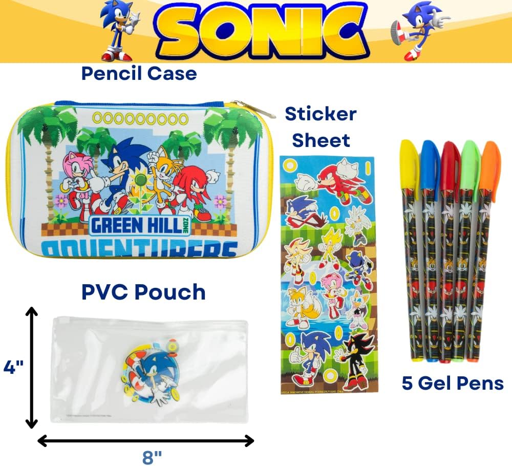 Innovative Designs Sonic the Hedgehog Pencil Case Set with Stickers and Gel Pens for Kids, Molded with Zip Closure, Blue
