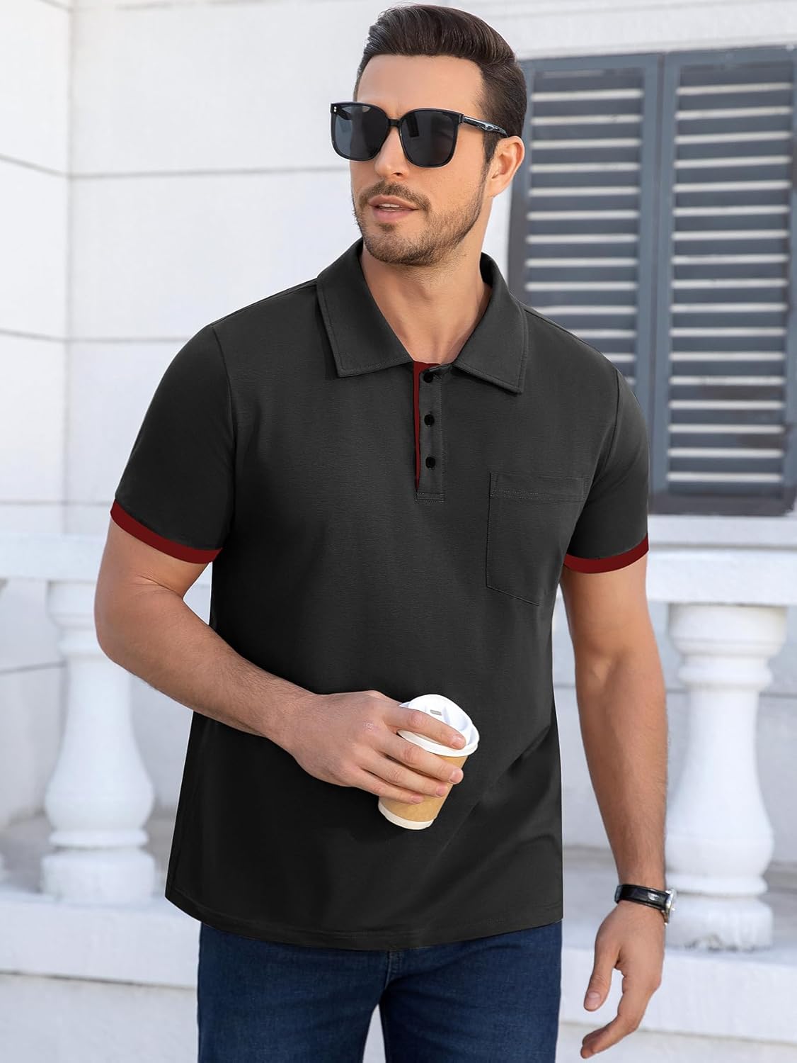 Men's Casual Polo Shirts Short Sleeve Contrast Cuff Summer Collared Buttoned Polos T-Shirt with Pocket - Image 3