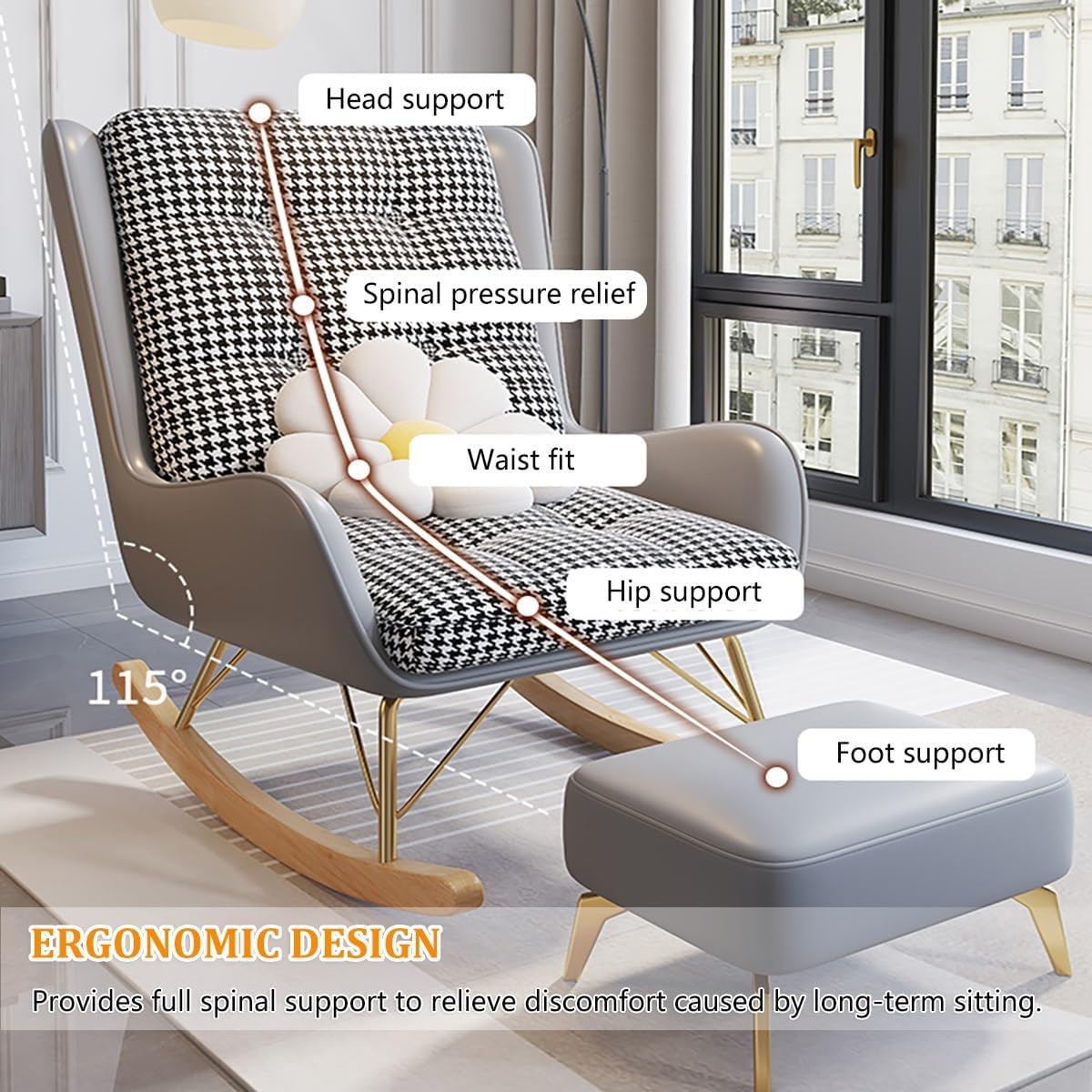 Oversized Rocking Chair with Cushion, Modern Accent Rocking Chair with PU and Solid Wood Legs, Rocking Chairs with Ottoman, Honeycomb Three-Dimensional Backrest for Bedroom, Living Room(Gray)