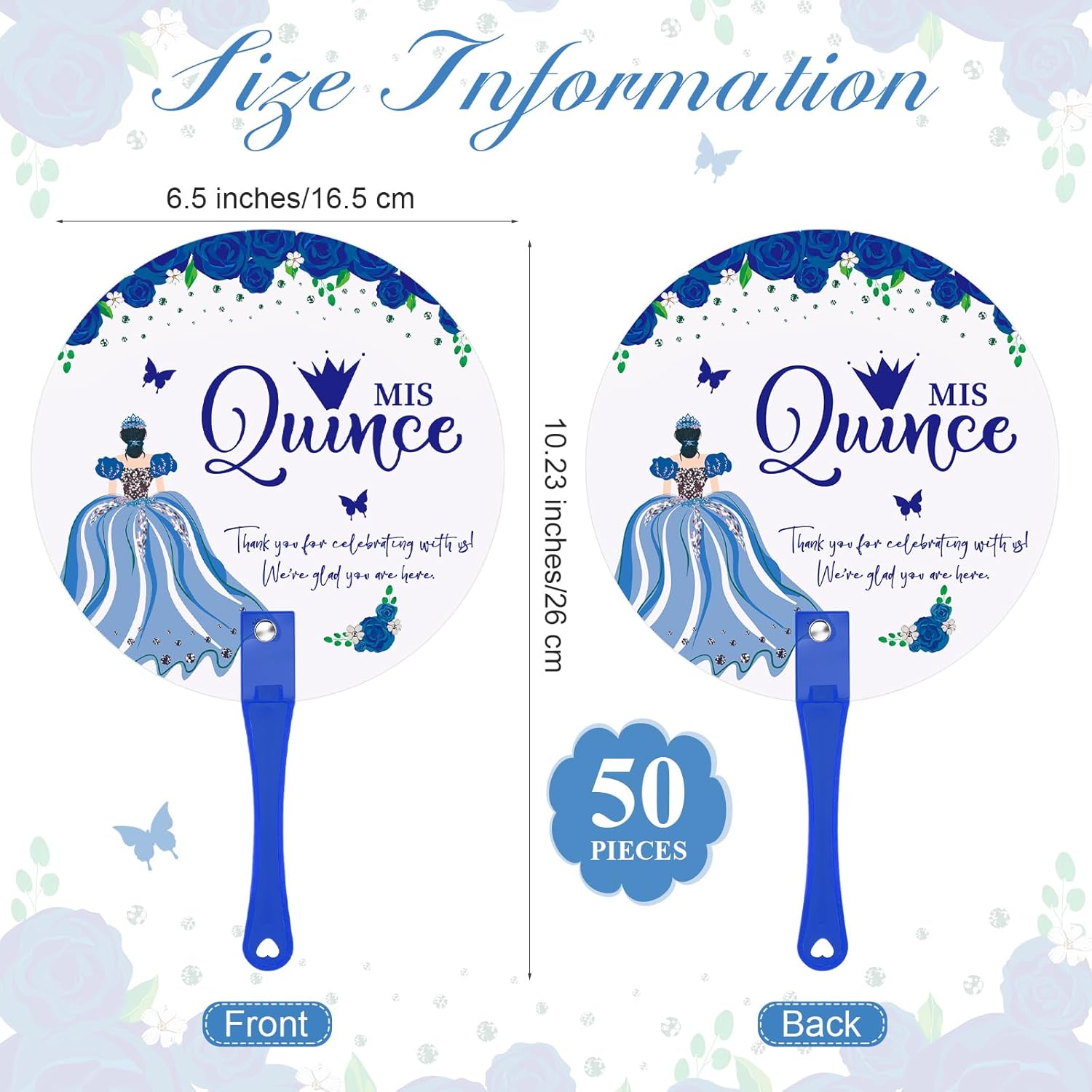 Cinnvoice 50 Quinceanera Party Favors for Guests Quinceanera Hand Fans Bulk Plastic Handheld Fans Mis Quince Gift for Girls Sweet 15 Birthday Party Decor Gift Adults Souvenirs (Blue)