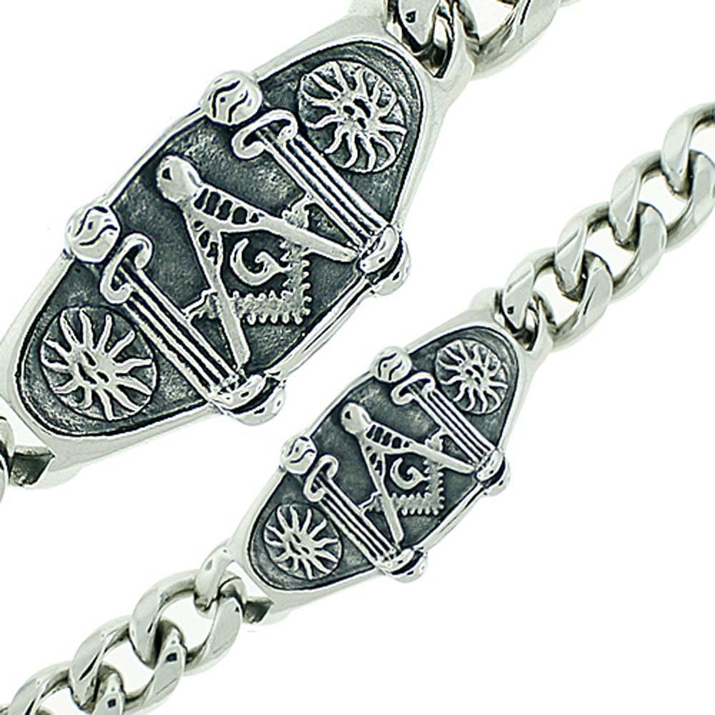 Freemasons Bracelet - Silver Tone - Stainless Steel Masonic Linkage Bracelet with Masonic Pillars and Sun Symbol