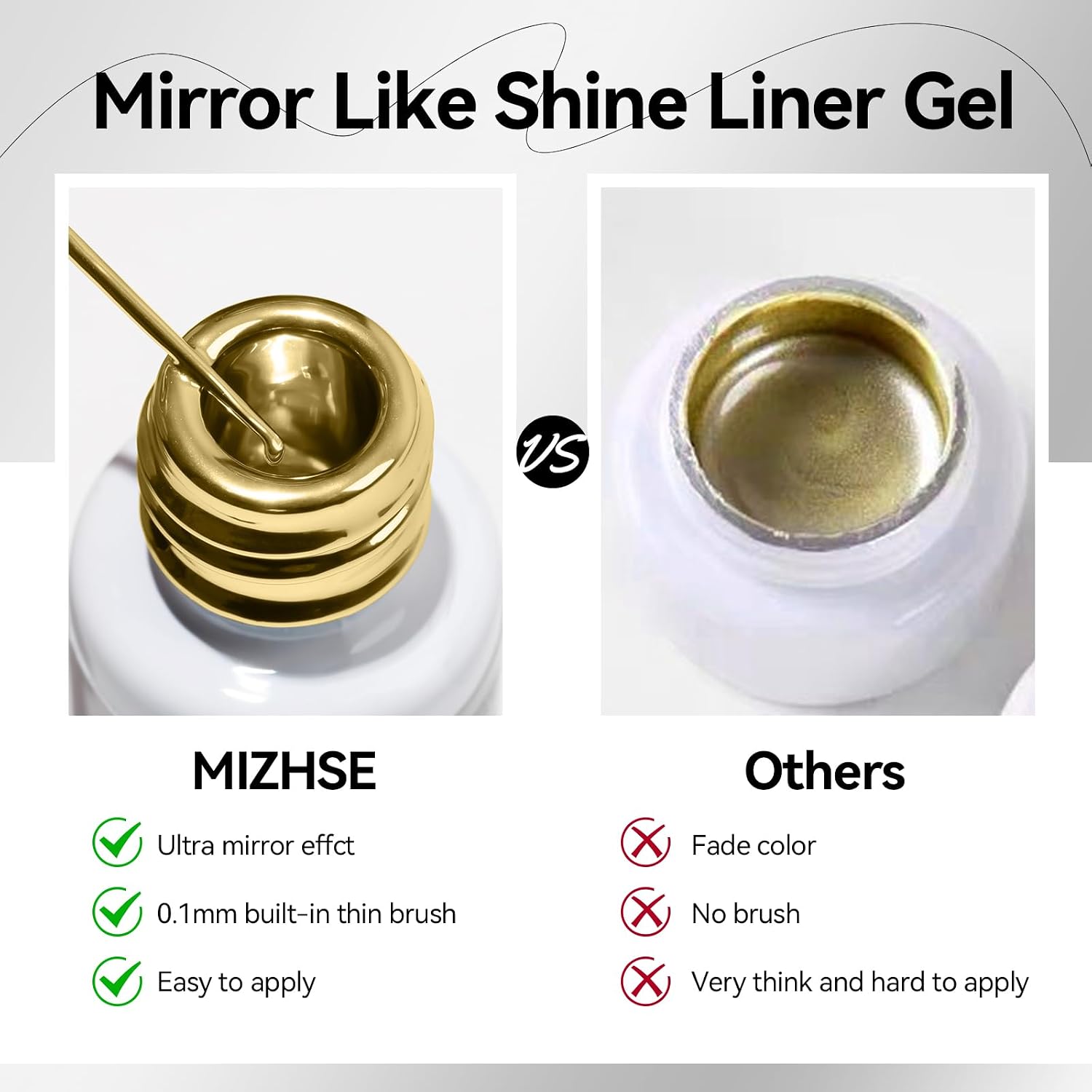 MIZHSE Gold Silver Metallic Gel Liner Nail Polish, Mirror Chrome Nail Art Striper Gel with Precision Brush for Thin Line Drawing, Glossy Shimmer Glitter Metal Painted French Swirl Design