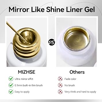 MIZHSE Gold Silver Metallic Gel Liner Nail Polish, Mirror Chrome Nail Art Striper Gel with Precision Brush for Thin Line Drawing, Glossy Shimmer Glitter Metal Painted French Swirl Design