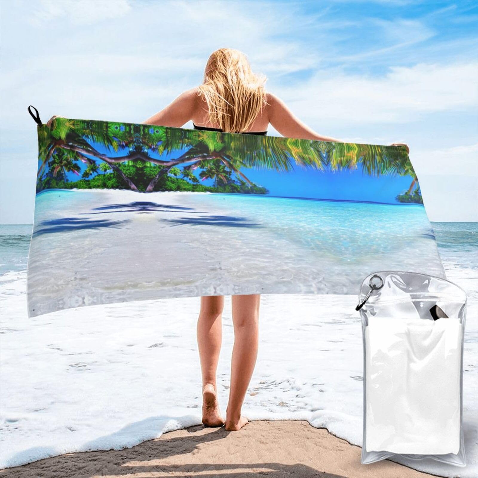 Nimongt Men's White Tropical Sand Beach And Ocean Print Adult Towel Travel Gym Beach Hiking Yoga Camping Lightweight Quick Dry Versatile