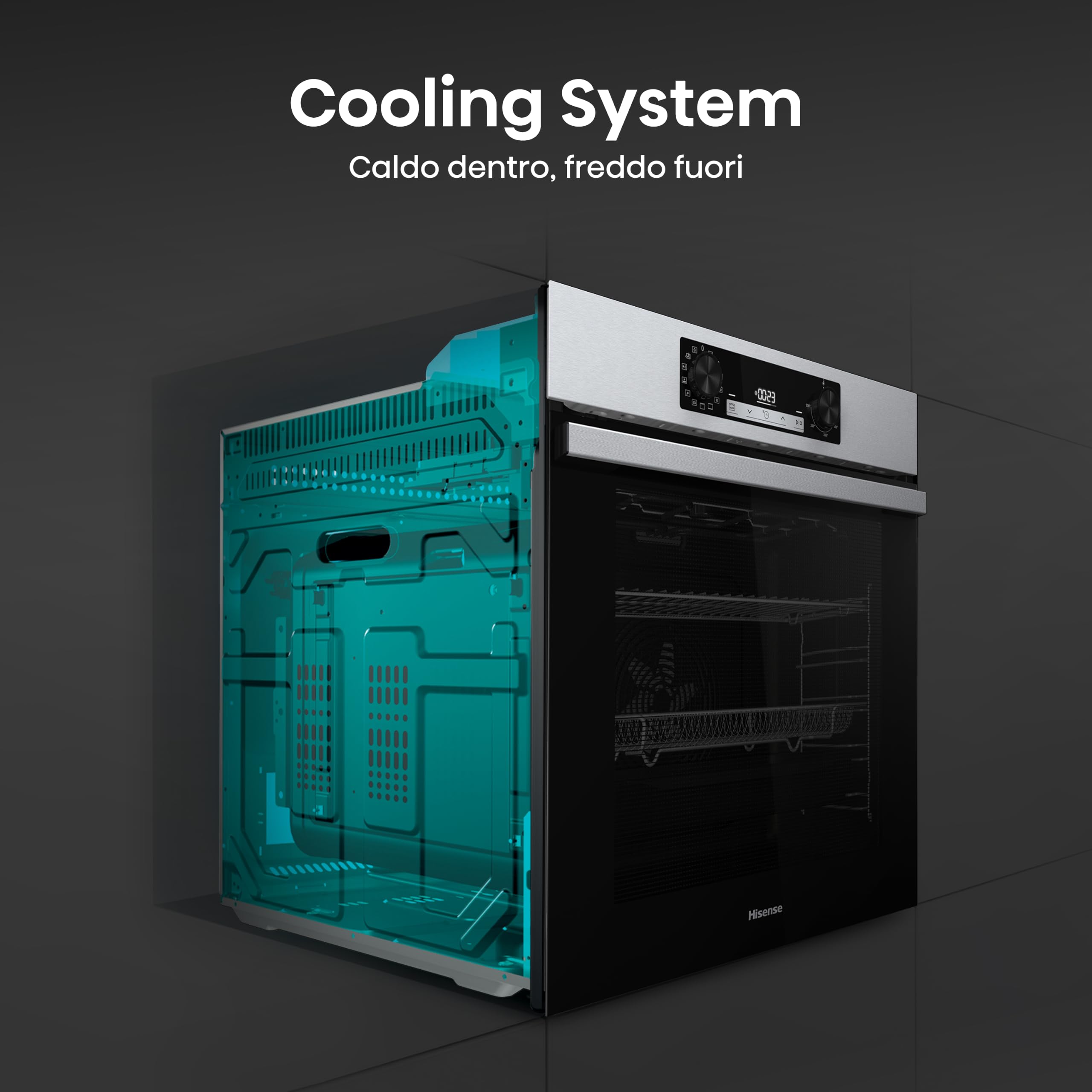 Hisense OP64211EX NUOVO Forno da Incasso Multifunzione 73 litri, Termoventilato, 3 vetri, Pulizia Pirolitica, 13 Funzioni, Pizza 300°C, AirFry, Display Touch, Guide Telescopiche, Inox con Vetro Nero