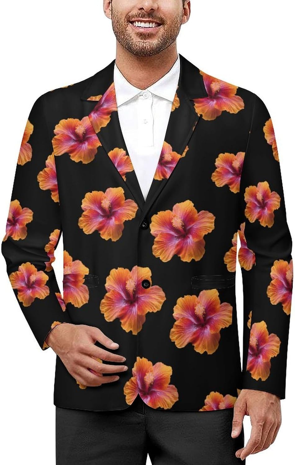 Orange Hibiscus Flower Trendy Men's Two Button Suit Funny Casual Slim Fit Blazer Coat Tuxedos Jackets