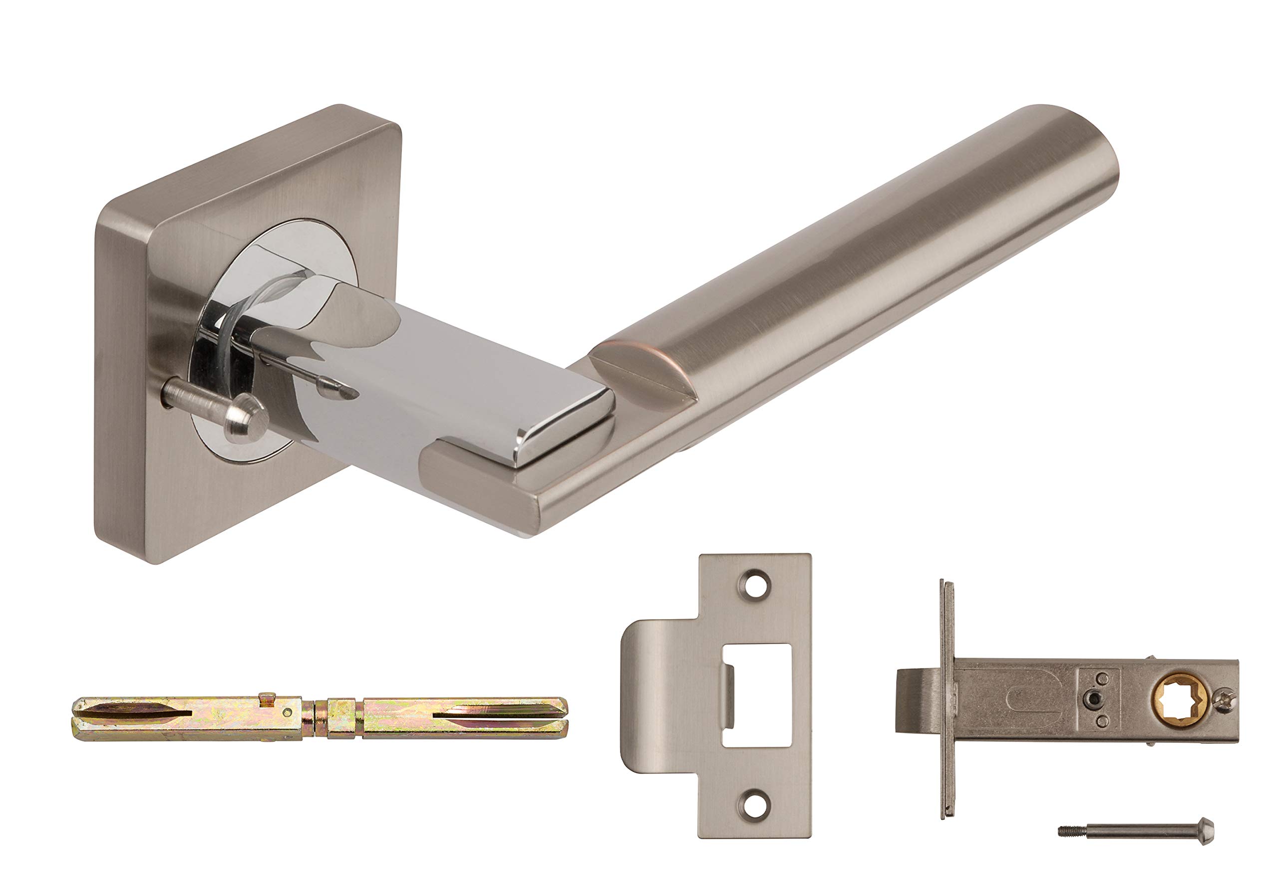 Excel Architectural 3655-SQ-PRV Chronos Door Handles & Push Button Privacy Latch, Satin Nickel/Polished Chrome