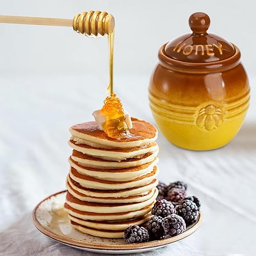 Miniatura 8 de Hiceeden Paquete de 2 macetas de cerámica para miel con tapa y tapa de 12 onzas, contenedor de almacenamiento de miel en relieve de abeja para