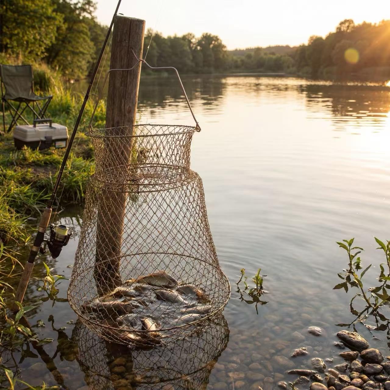 2pcs Metal Rustproof Collapsible Fish Basket - Robust and Easy to Use Net Cage for Live Fish