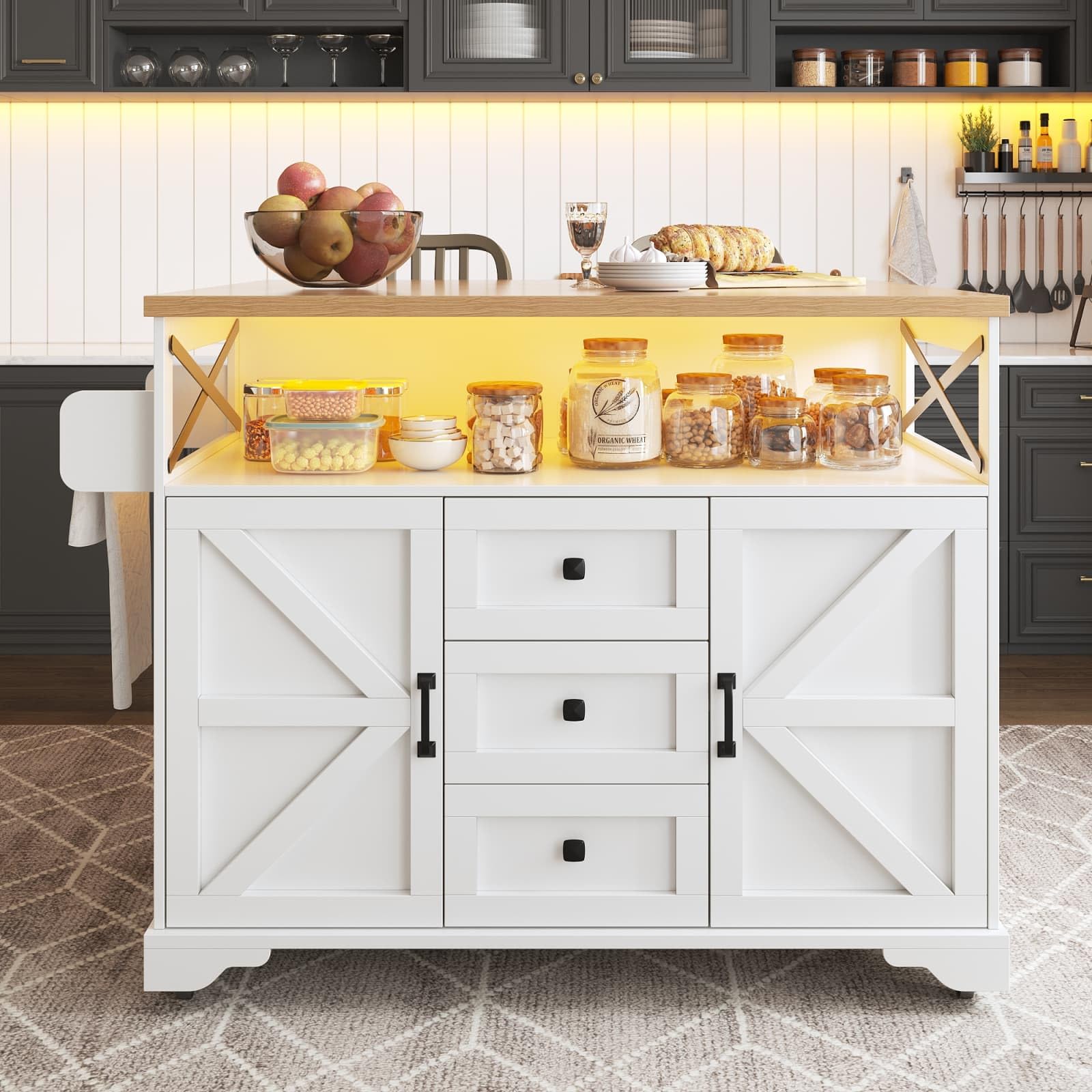KOMHTOM Îlot de Cuisine Multifonctionnel 102 x 45 x 92 cm, Armoire de Cuisine avec 2 Tiroirs, 2 Portes, Porte-Serviettes Latéral, Porte-Bouteilles et Séparateurs Réglables (Blanc-J)