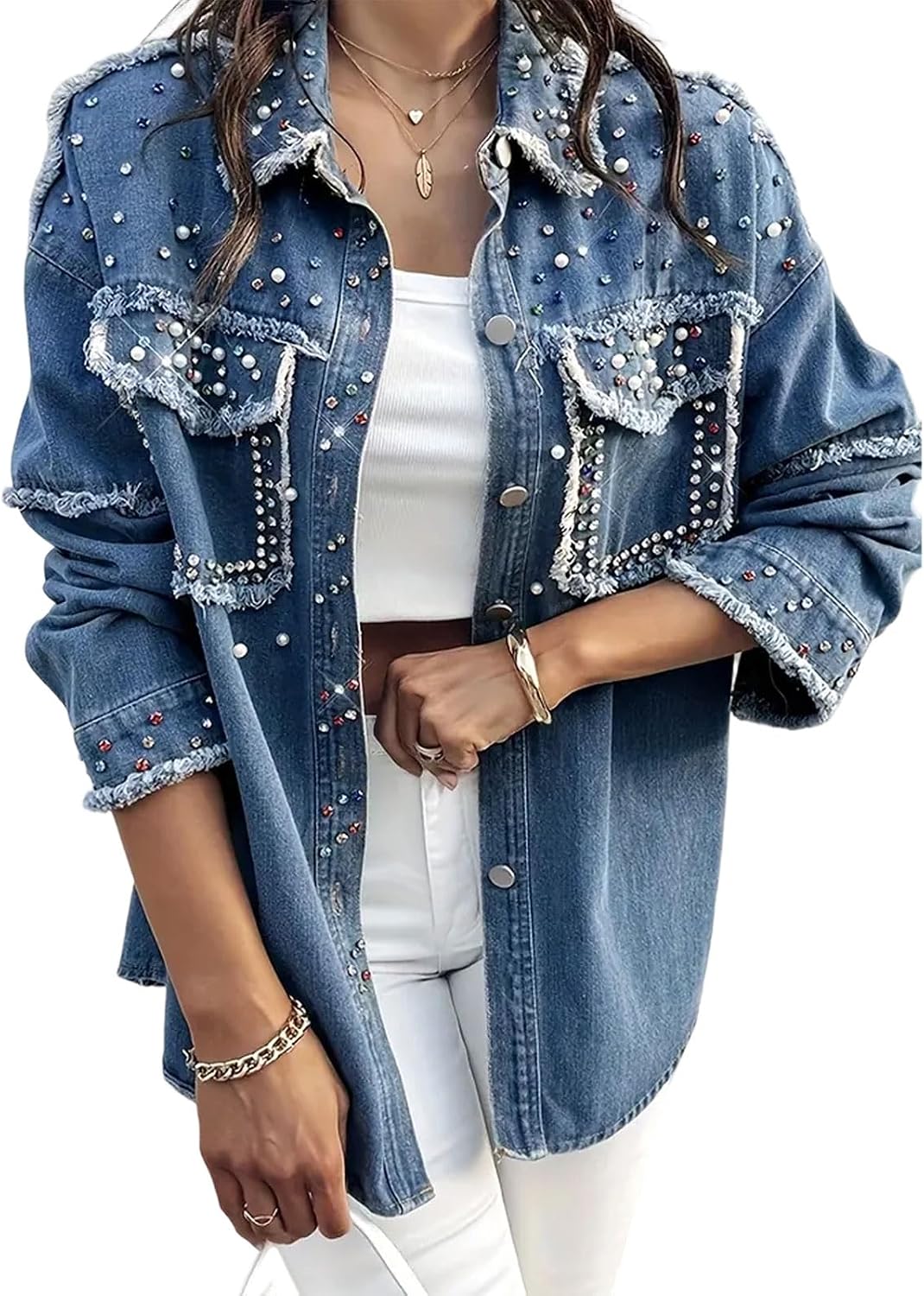 Jean Jackets for Women with Bling Embroidered Pearls Beading Washed Jean Jackets Oversized Coat Denim Shacket