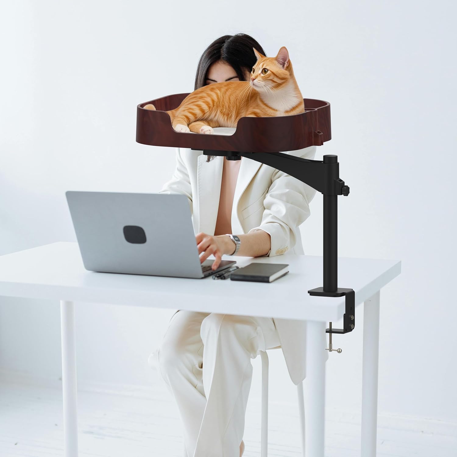 Cat Desk Bed, Adjustable Up and Down and 360° Rotatable for Elevated Pet Habitat in The Home&Office - Space-Saving, Comfortable Litter, Pet Mat and Removable Indoor Cat Mat