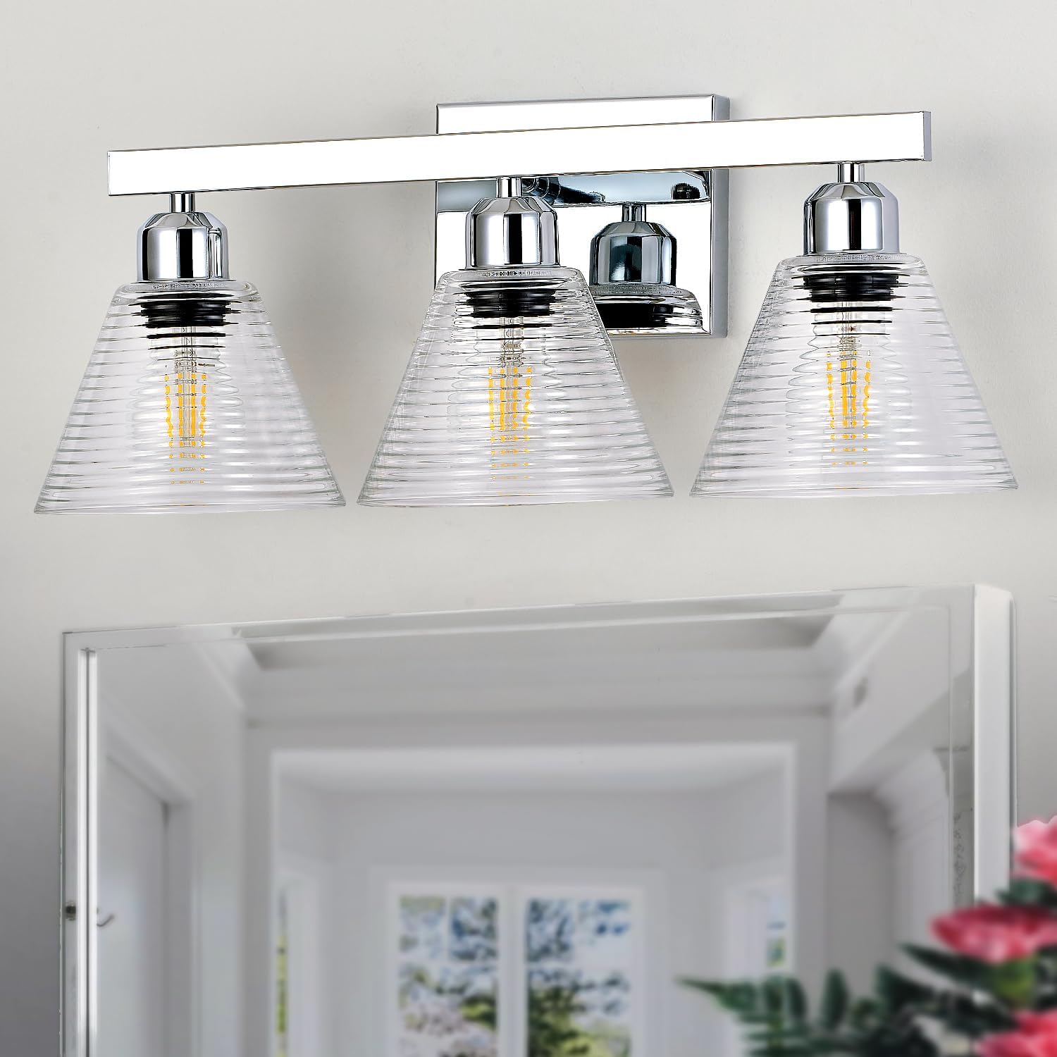 3-Light Modern Bathroom Vanity Lights, Nickel Bathroom Light Fixtures with Clear Glass Shade, Farmhouse Wall Sconces for Mirror Kitchen Bedroom Living Room