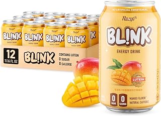 BL!NK Sparkling Energy Drink – Zero Sugar, Zero Calorie – Natural Caffeine + Lutein for Eye Support – Essential Vitamins – Vegan, Gluten-Free – Mango Flavor, 11.16 Fl Oz (12 Pack)