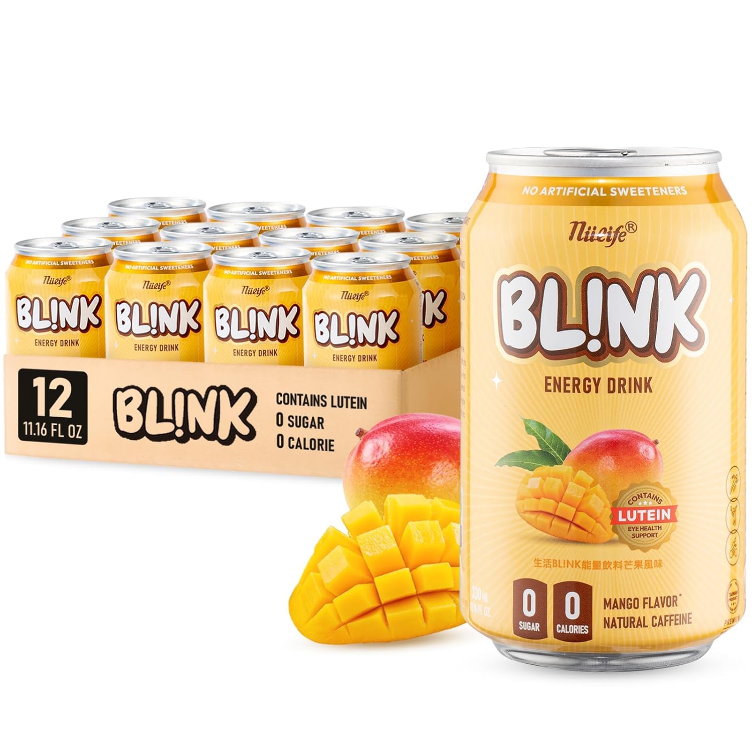 NÜLIFE Sugar Free Energy Drink, 96mg Natural Caffeine, BL!NK Lutein for Eye Support, Vitamin Enriched, Healthy Clean Energy No Artificial Sweetener, Mango Flavor, 11.16 Fl Oz (Pack of 12)