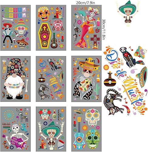 Miniatura 6 de Calcomanías para ventana de Halloween, calaveras de azúcar, Día de los Muertos, fiesta mexicana, calavera de azúcar, calcomanías reutilizables