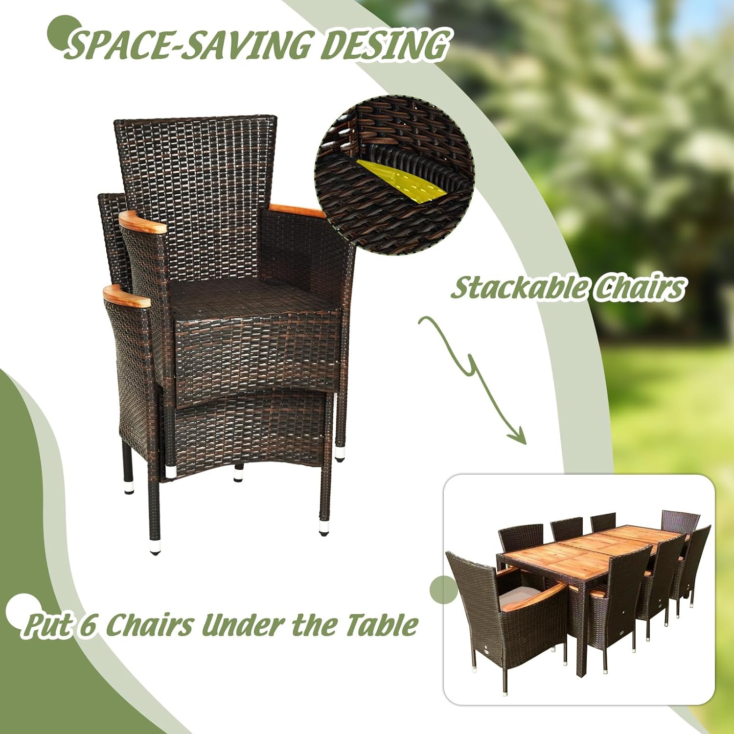 Patio Dining Set Outdoor Dining Set, 9 Pieces Wicker Patio Furniture Set with Acacia Wood Table and Chairs, Garden Dining Table Set for Backyard, Poolside, Desk, Christmas(Brown)